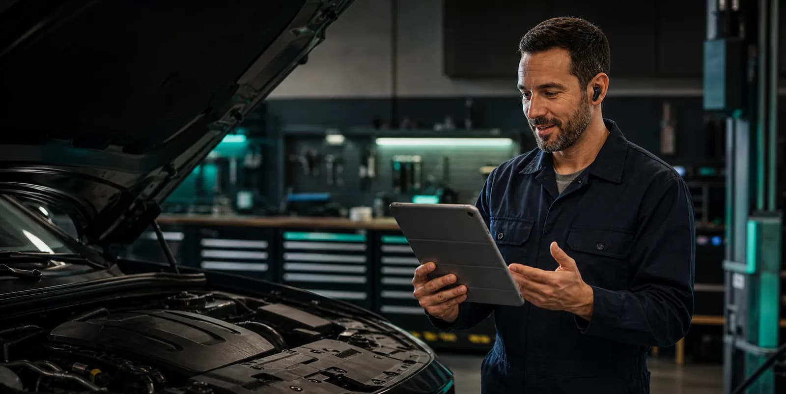 Mechanic using a tablet beside an open car hood for online repair guidance
