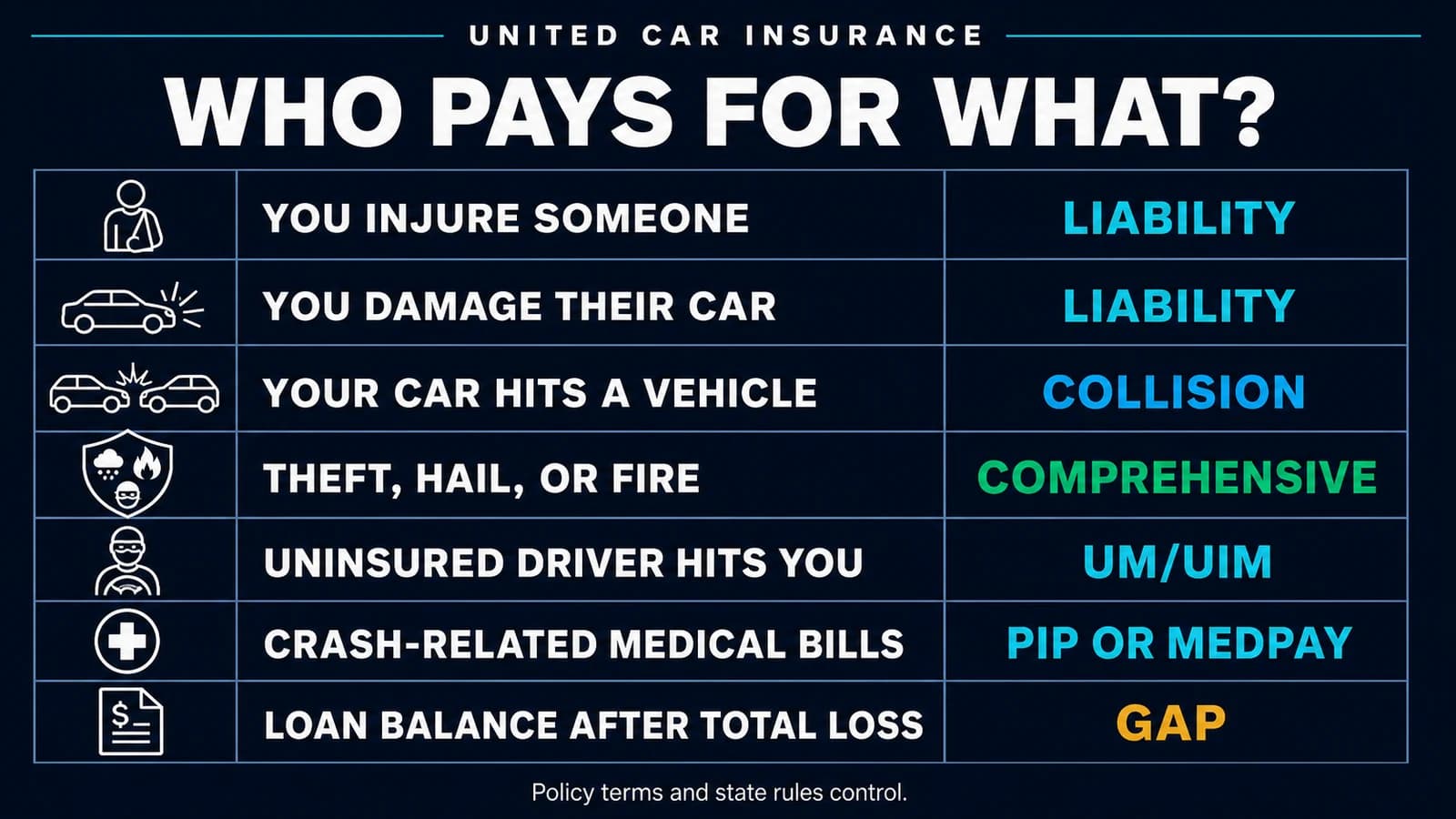 Car insurance coverage matrix showing which coverage usually responds to injuries, property damage, collision, theft, uninsured drivers, medical bills, and a loan gap