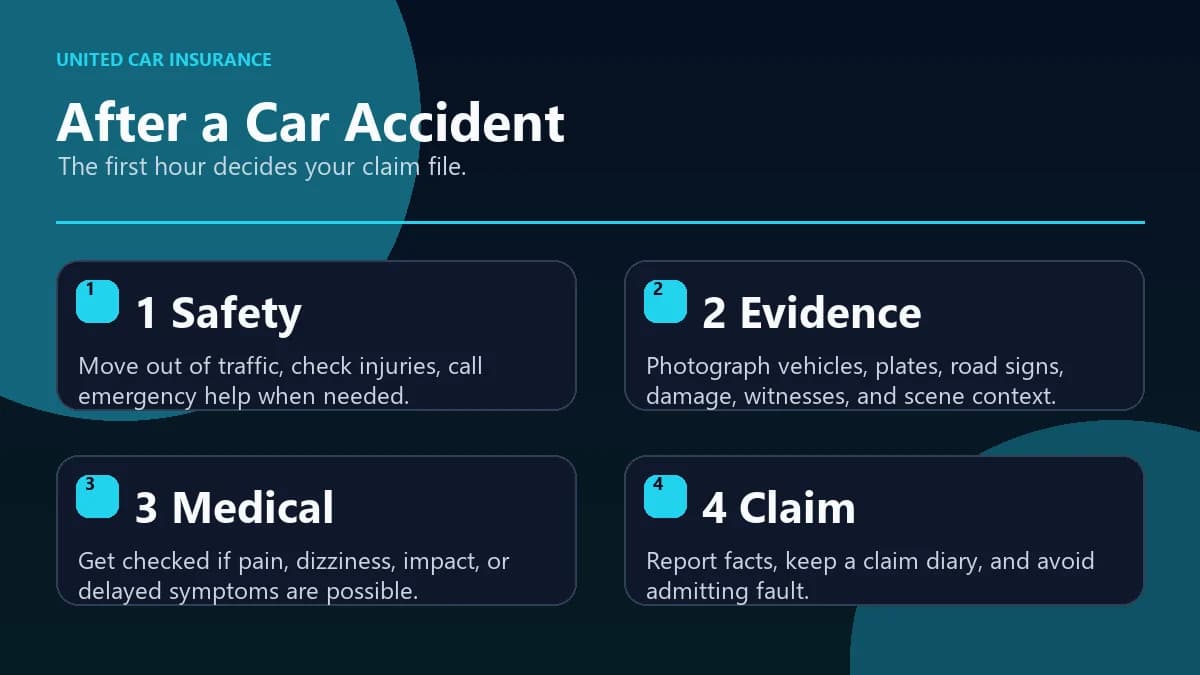 Car accident action checklist infographic with safety, documentation, medical, and claim steps