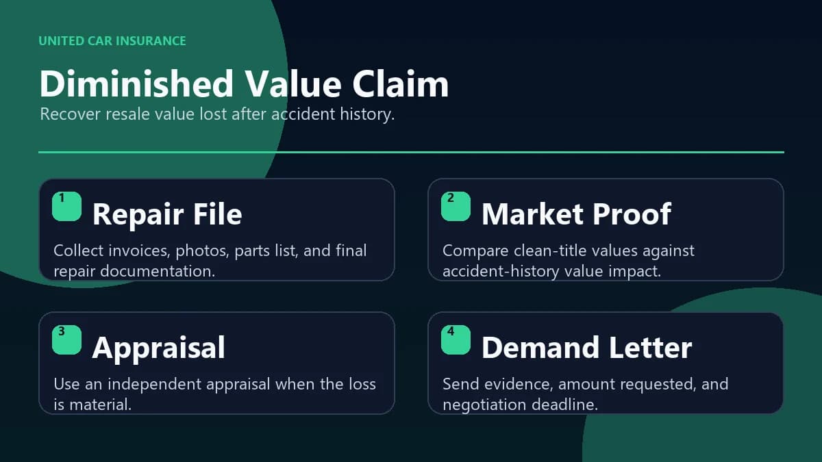 Diminished value claim flow infographic showing appraisal, evidence, demand letter, and negotiation