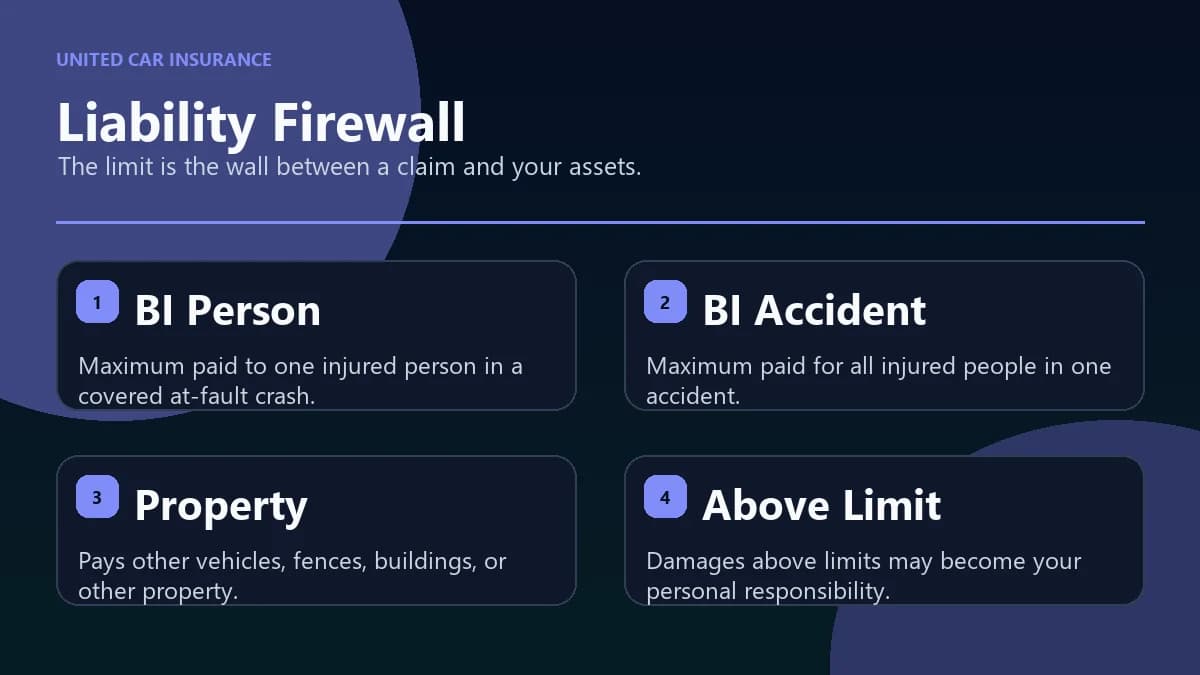 Liability car insurance firewall infographic showing bodily injury and property damage limits