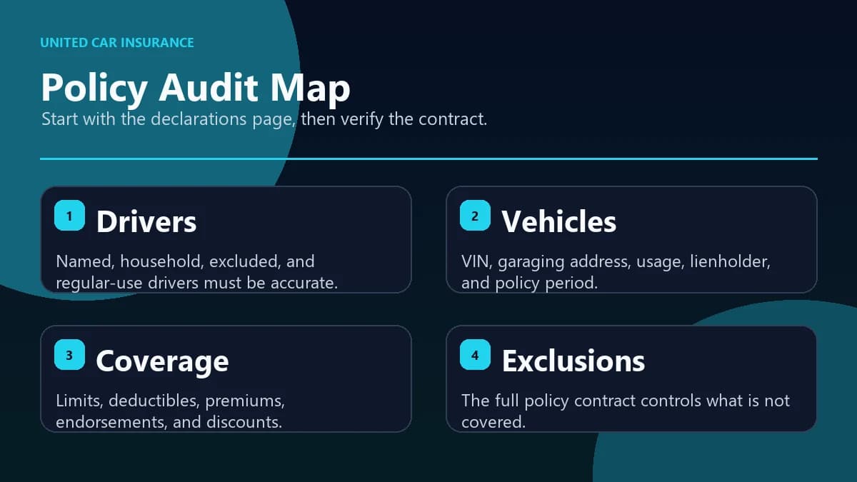 Car insurance declarations page map infographic showing drivers, vehicles, limits, deductibles, and exclusions