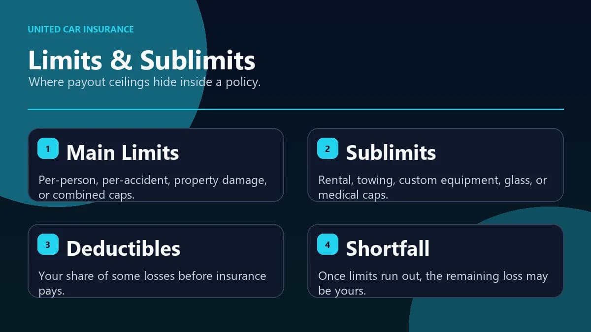 Car insurance policy limits and sublimits map infographic