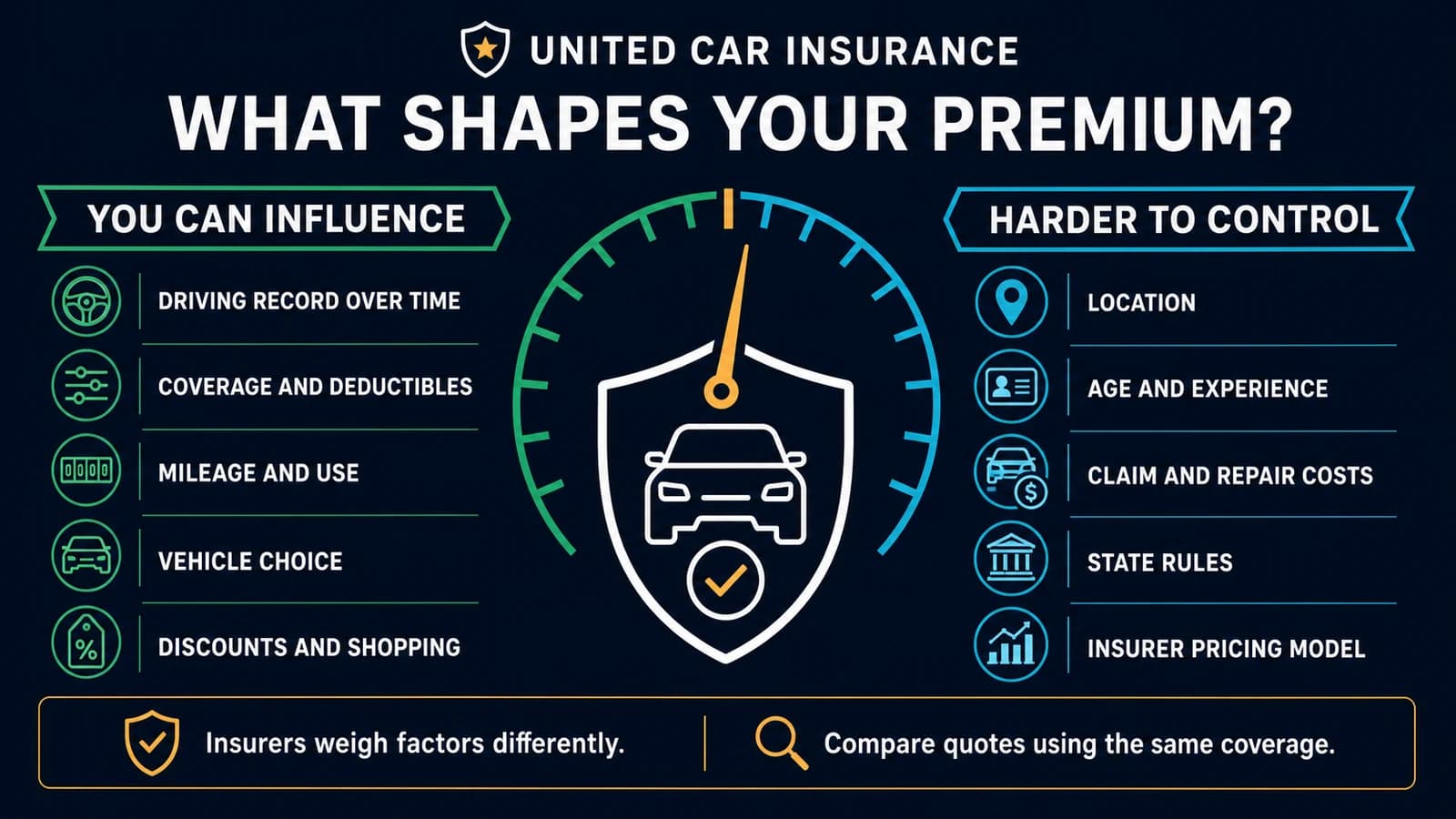Car insurance premium factor map separating factors drivers can influence from factors harder to control