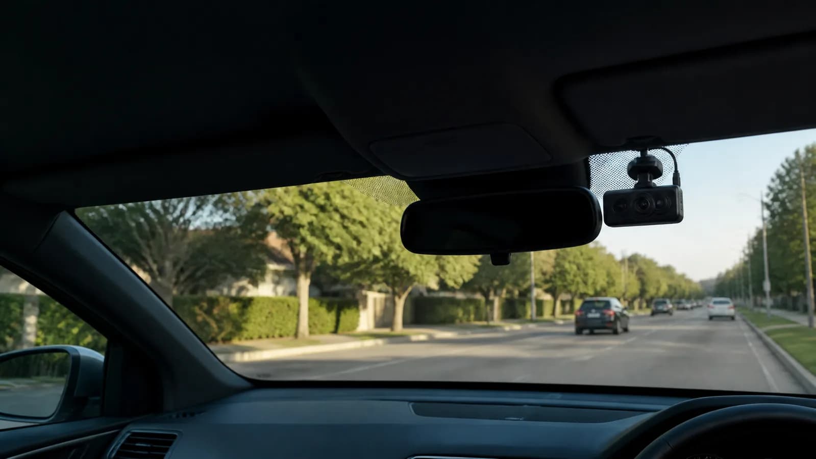 Compact dash camera mounted behind a car windshield on a clear road
