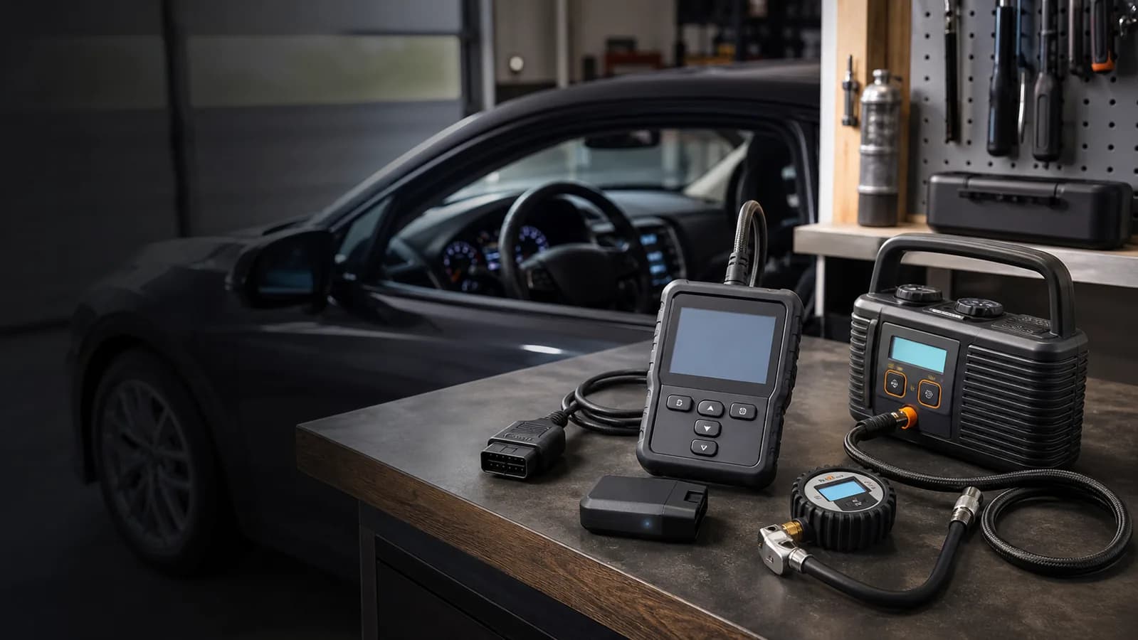 Driver using a compact vehicle diagnostic scanner in a clean garage