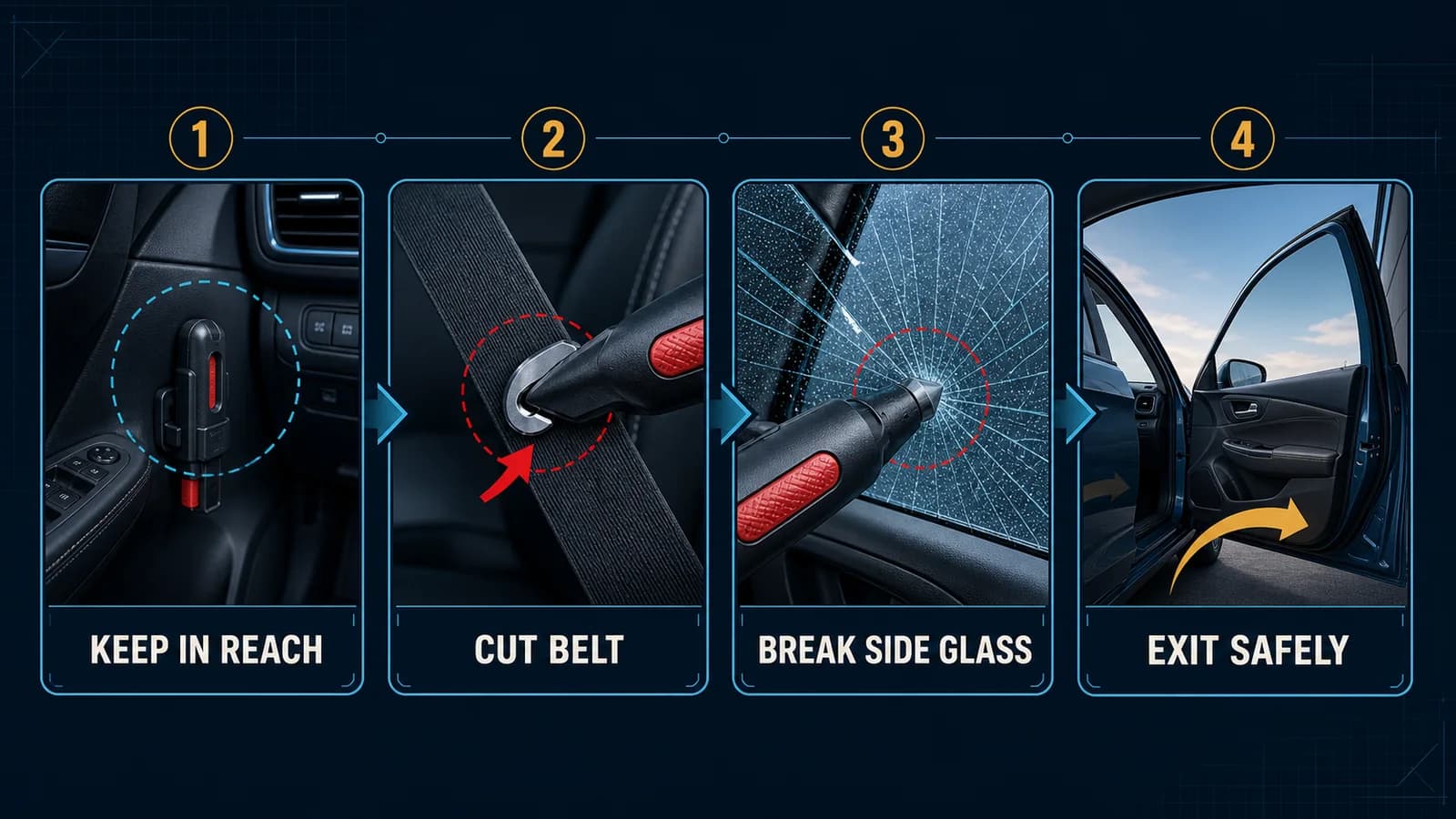 Four-step car escape tool workflow: keep in reach, cut the belt, break compatible side glass, and exit safely