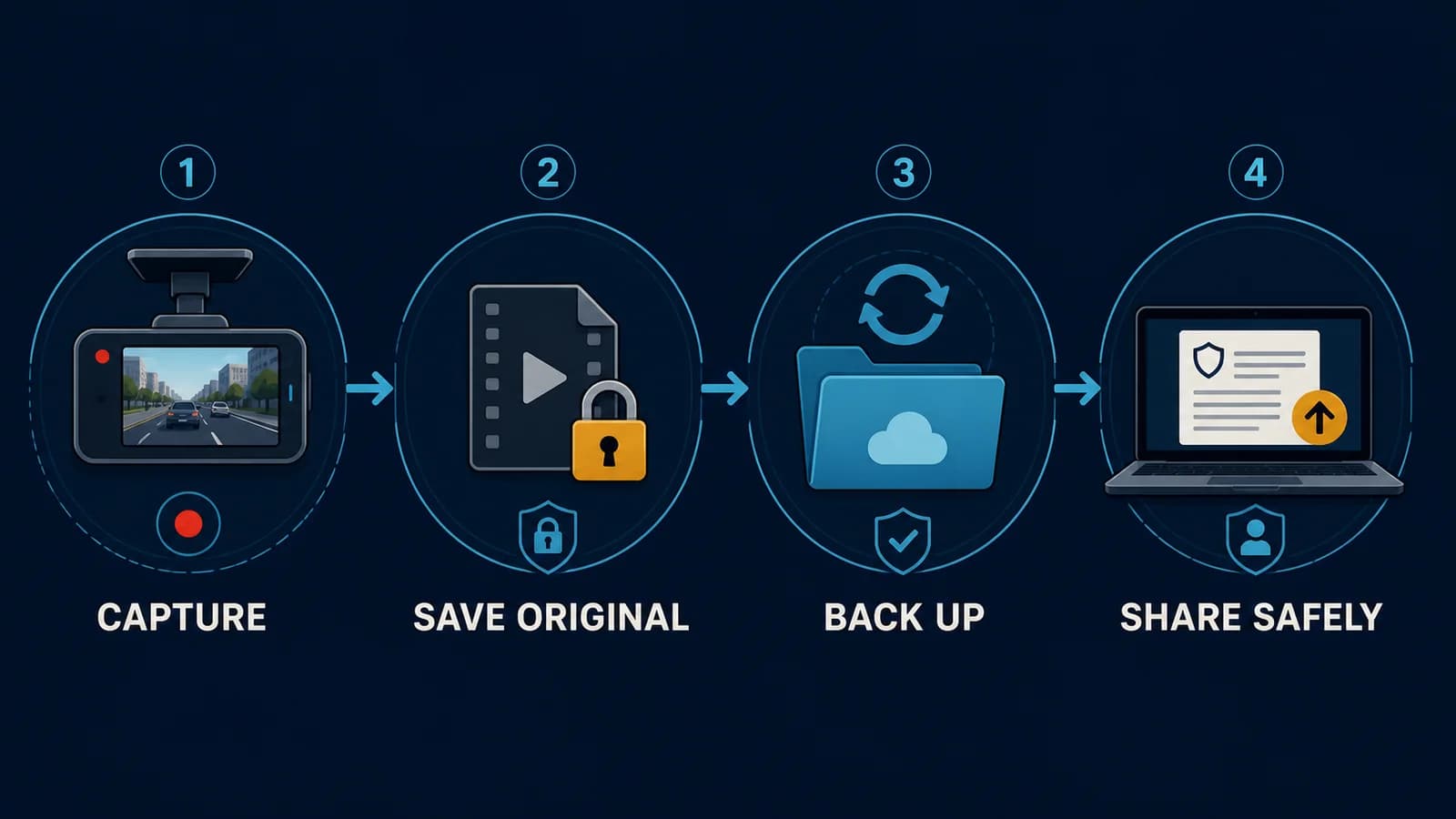 Four-step dash cam evidence workflow: capture, save the original, back it up, and share it safely