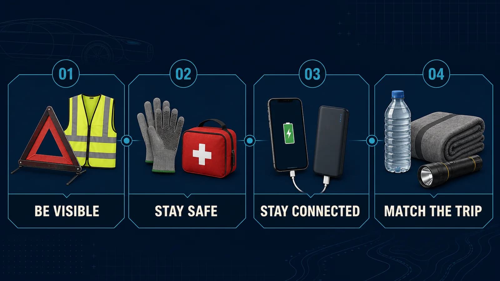 Four-part emergency kit framework covering visibility, safety, communication, and trip-specific supplies