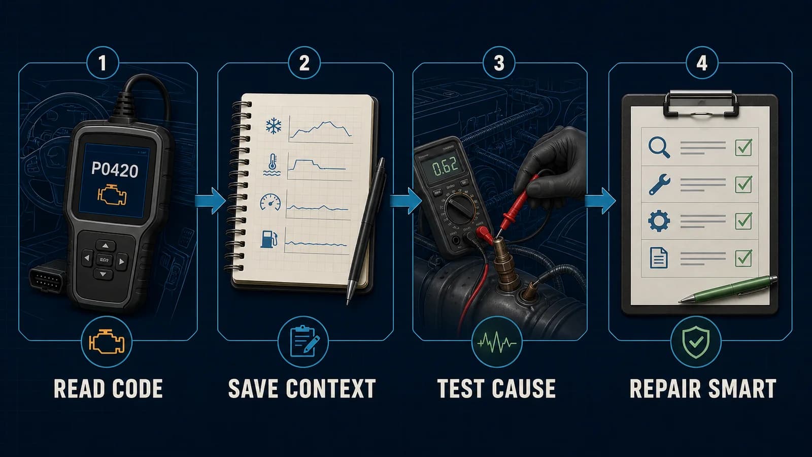 Four-step OBD2 workflow: read the code, save context, test the cause, and make a repair decision