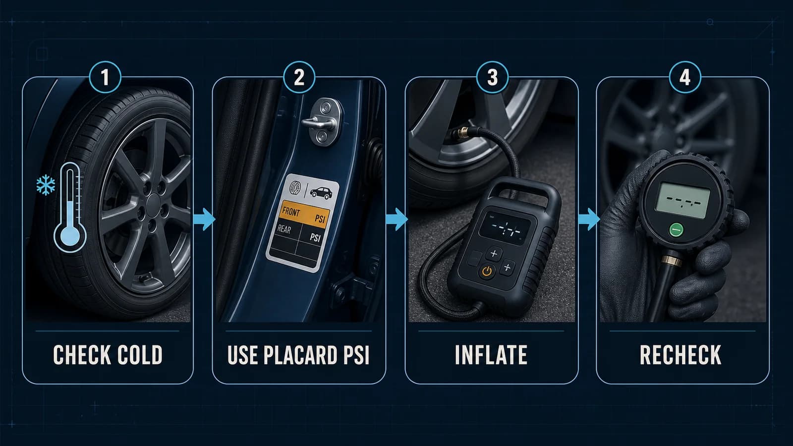 Four-step tire inflation workflow: check cold tires, use placard pressure, inflate, and recheck