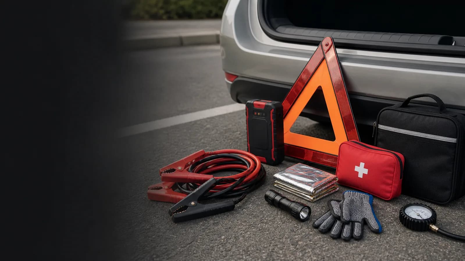 Organized roadside safety equipment beside a vehicle