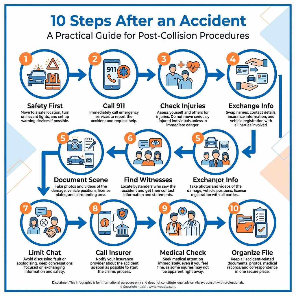 Infographic showing 10 steps to take after a car accident