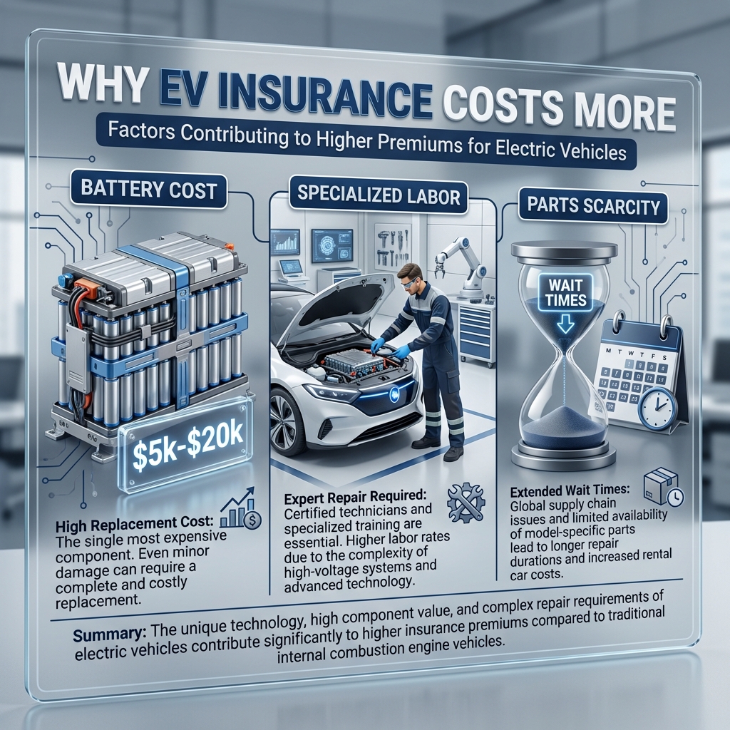 Infographic: Why EV Insurance Costs More - breakdown of battery costs, specialized labor, and parts scarcity