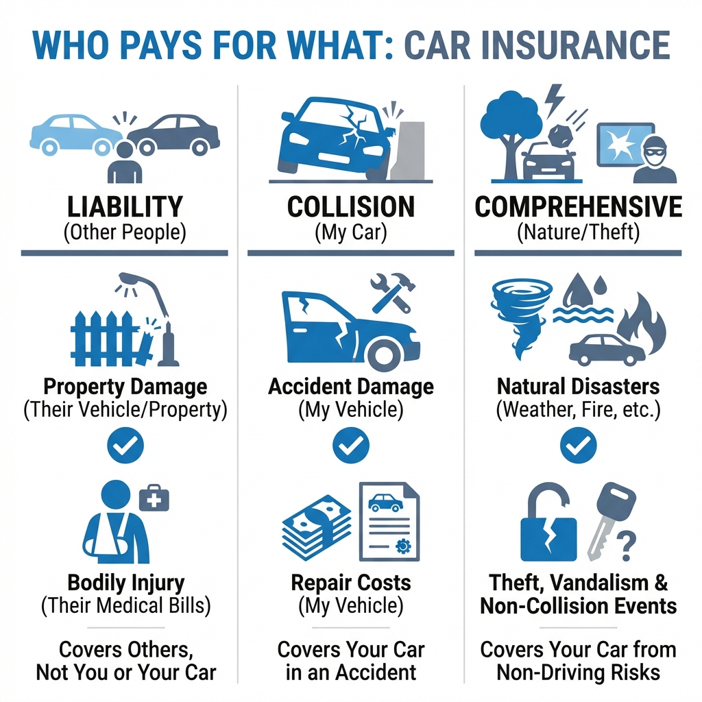 Infographic showing the difference between Liability, Collision, and Comprehensive coverage