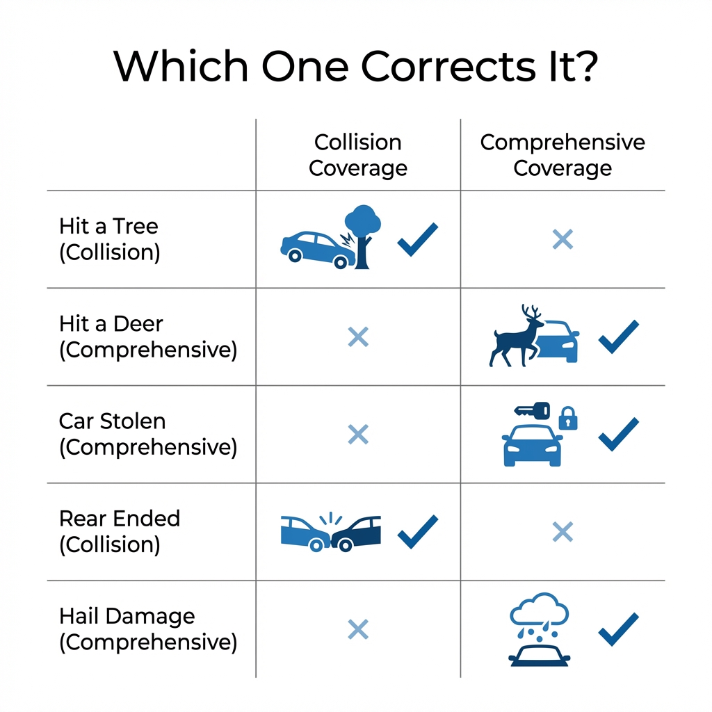 Scenario Matrix infographic showing Comprehensive vs Collision claims