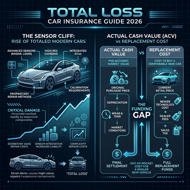 Total Loss Car Insurance 2026 Infographic - Sensor Cliff and ACV vs Replacement Math